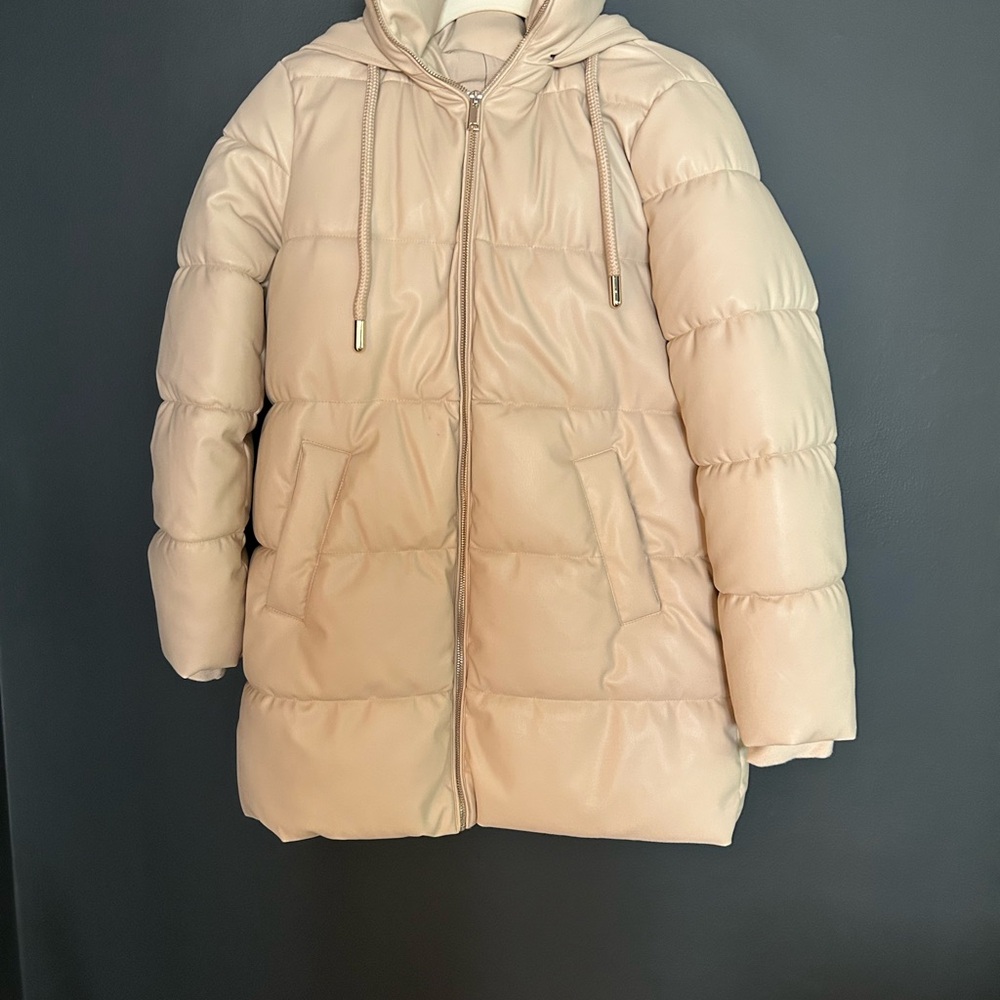 Zara Wind Protection Faux Leather Puffer Coat in Ecru - Picture 3 of 5